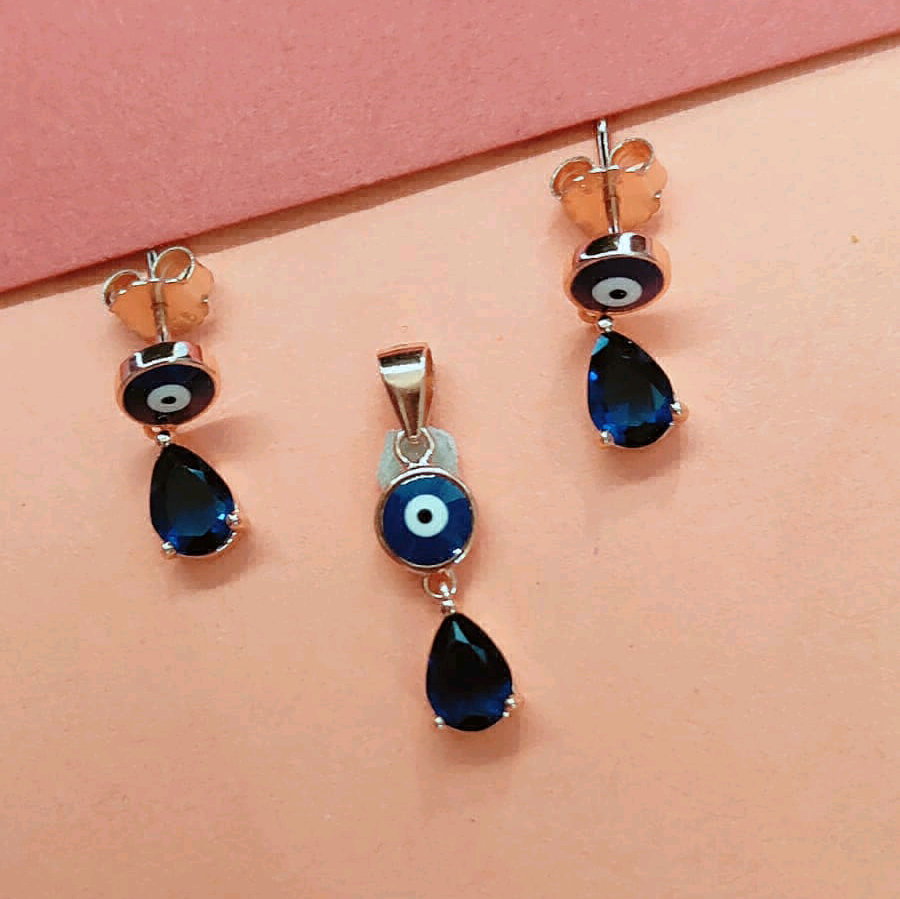 Silver Blue Evil Eye Pendant Set